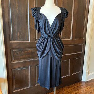 Vintage Black Cocktail Dress Rafael Oved Size 9/10 Sexy Plunge Neck Lace Back